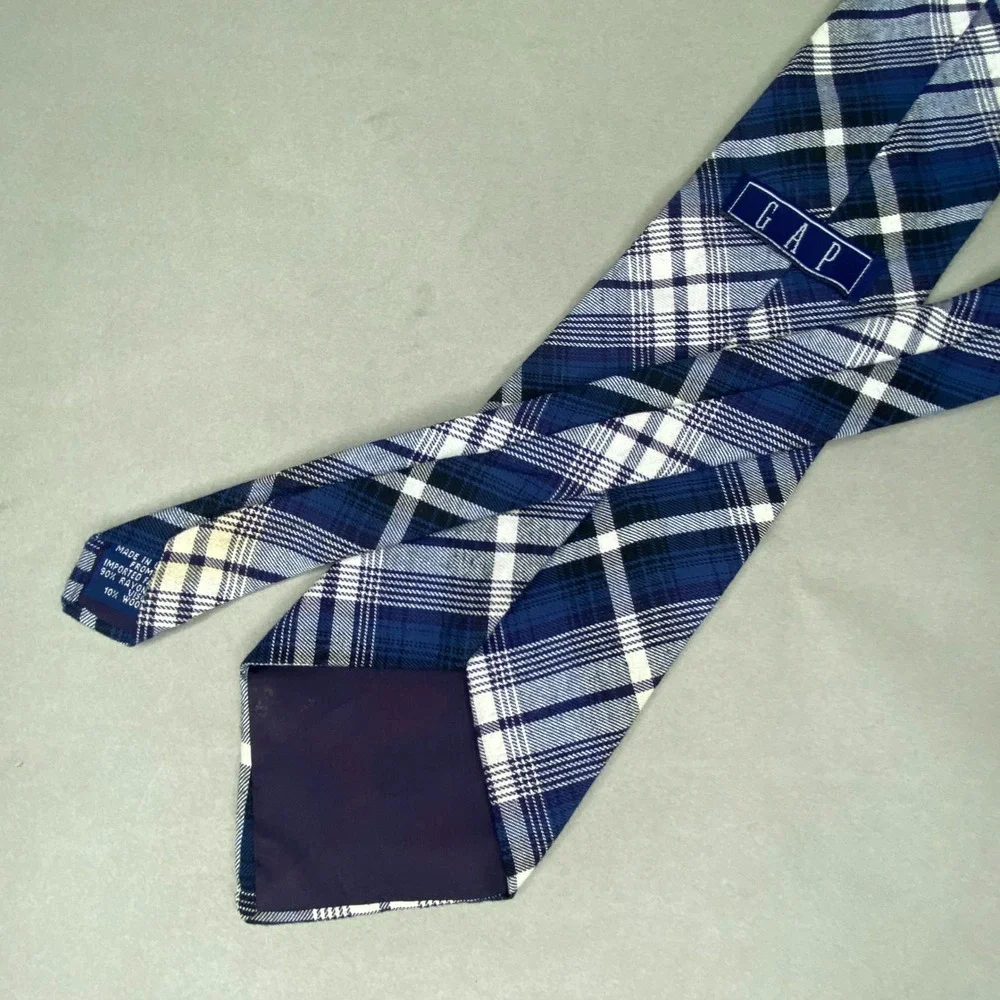 VTG‎ Gap Plaid Tartan Tie Mens Blue White Wool Blend Minimalist Indie 58x4